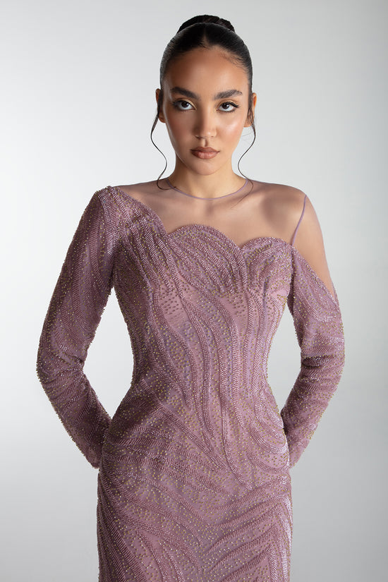 Embroidered Tulle Gown With Feathered Hem
