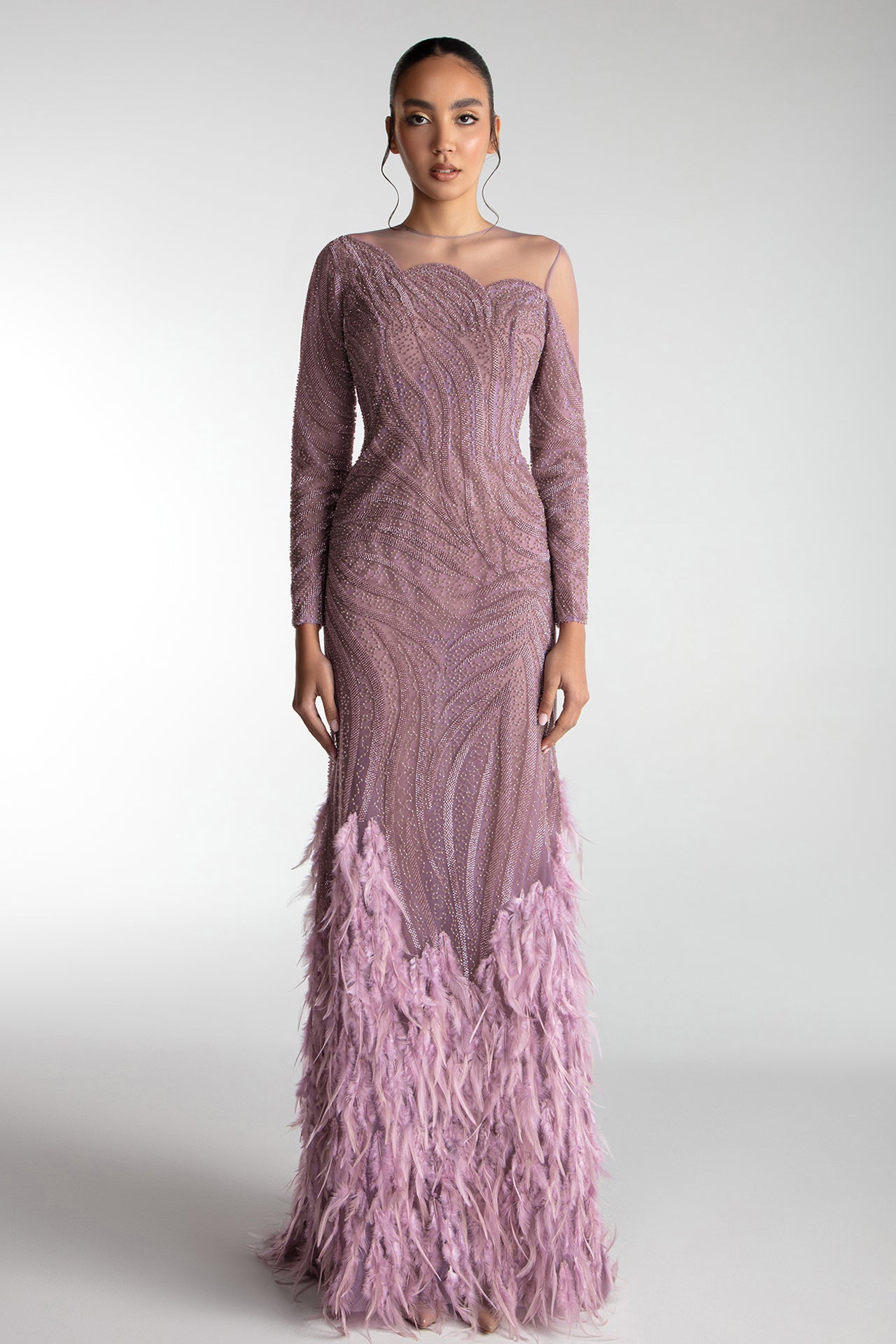 Embroidered Tulle Gown With Feathered Hem