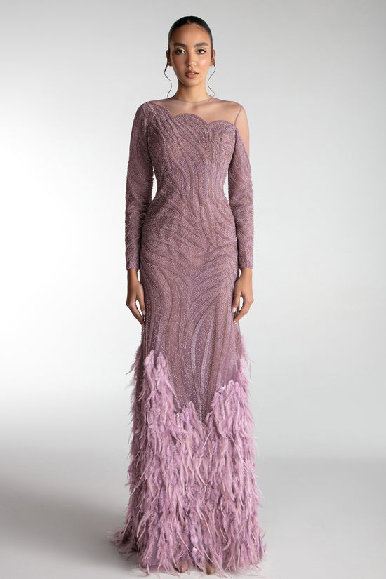 Embroidered Tulle Gown With Feathered Hem