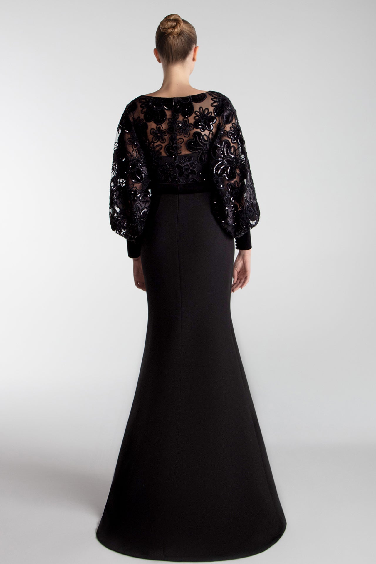 Blouson Bodice Gown With Floral Velvet Embroidery
