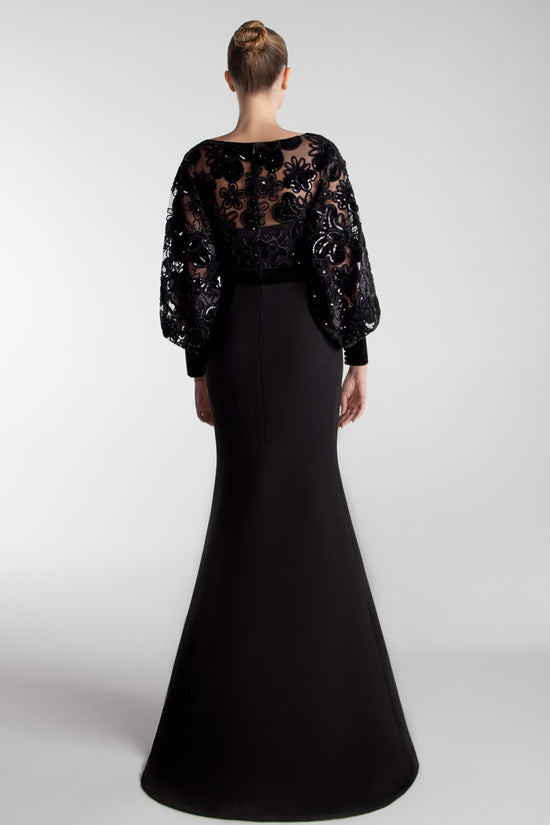 Blouson Bodice Gown With Floral Velvet Embroidery