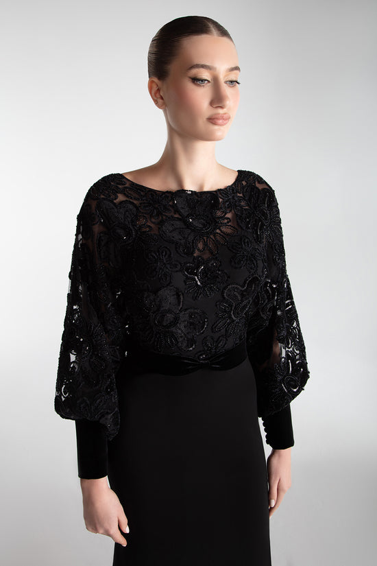Blouson Bodice Gown With Floral Velvet Embroidery