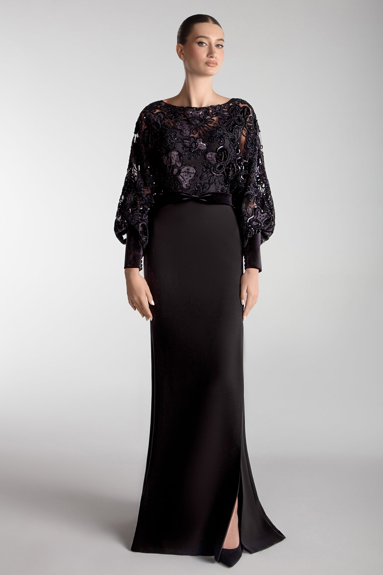 Blouson Bodice Gown With Floral Velvet Embroidery