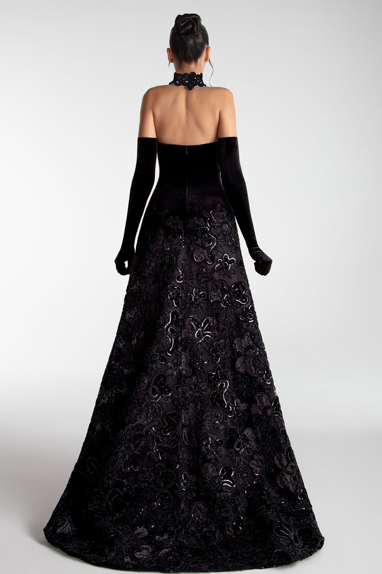 Velvet Corset Gown With Embroidered Skirt