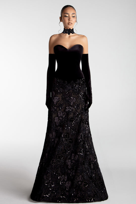 Velvet Corset Gown With Embroidered Skirt