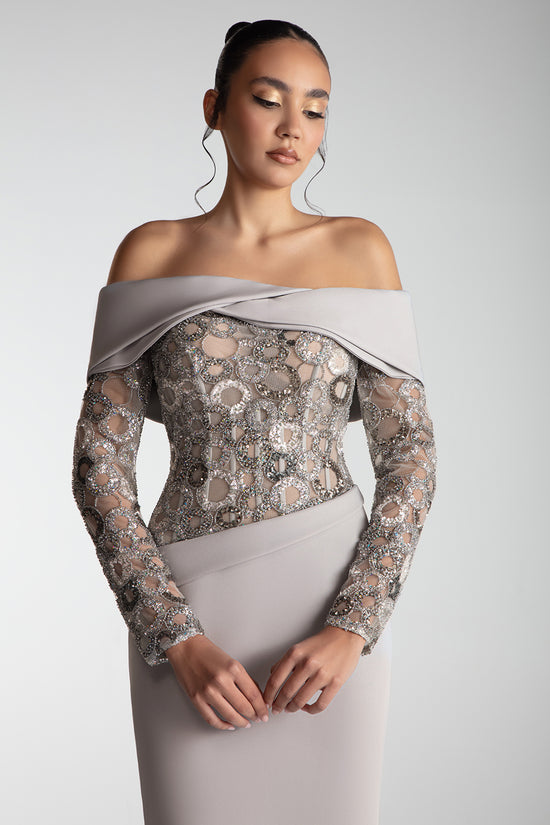 Off-Shoulder Embroidered Crepe Gown