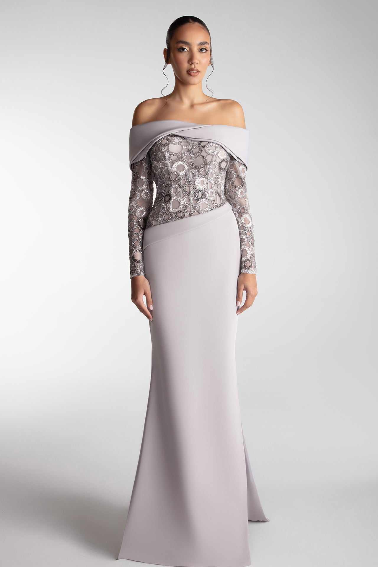 Off-Shoulder Embroidered Crepe Gown