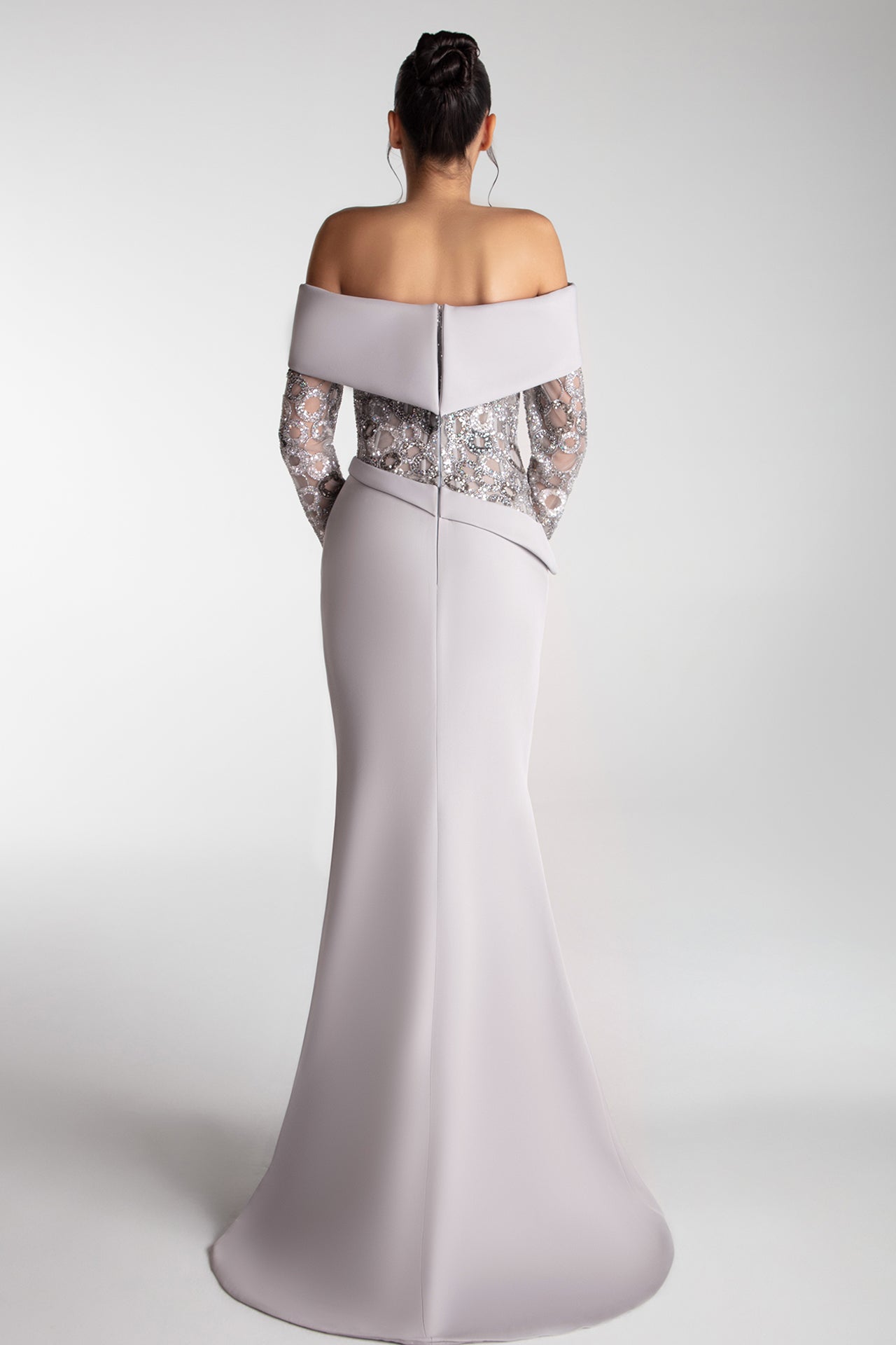 Off-Shoulder Embroidered Crepe Gown