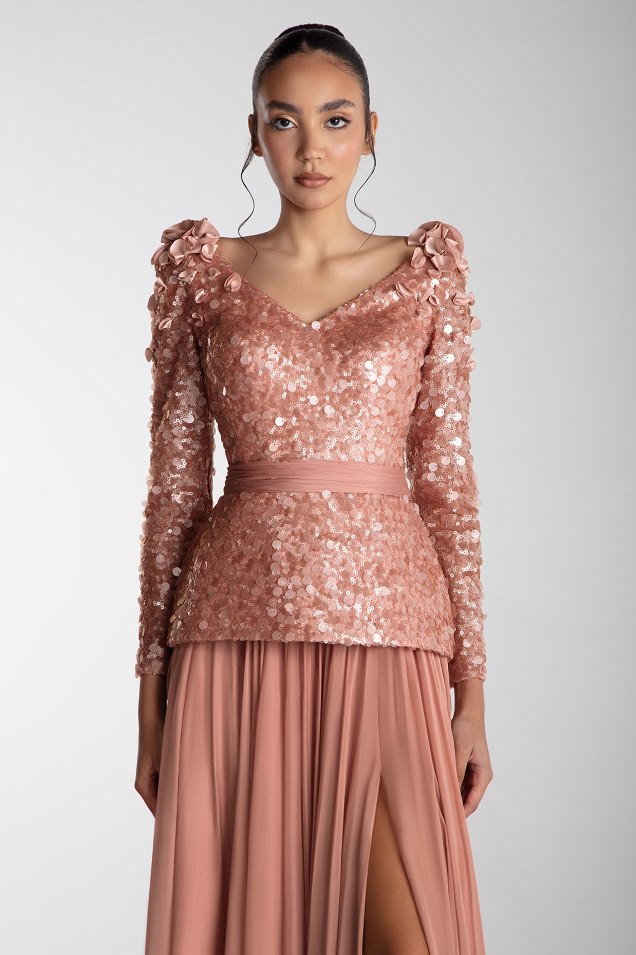 Fitted Sequin Top With Chiffon Skirt