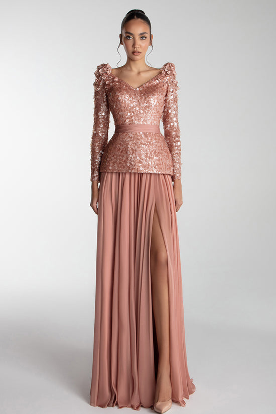 Fitted Sequin Top With Chiffon Skirt