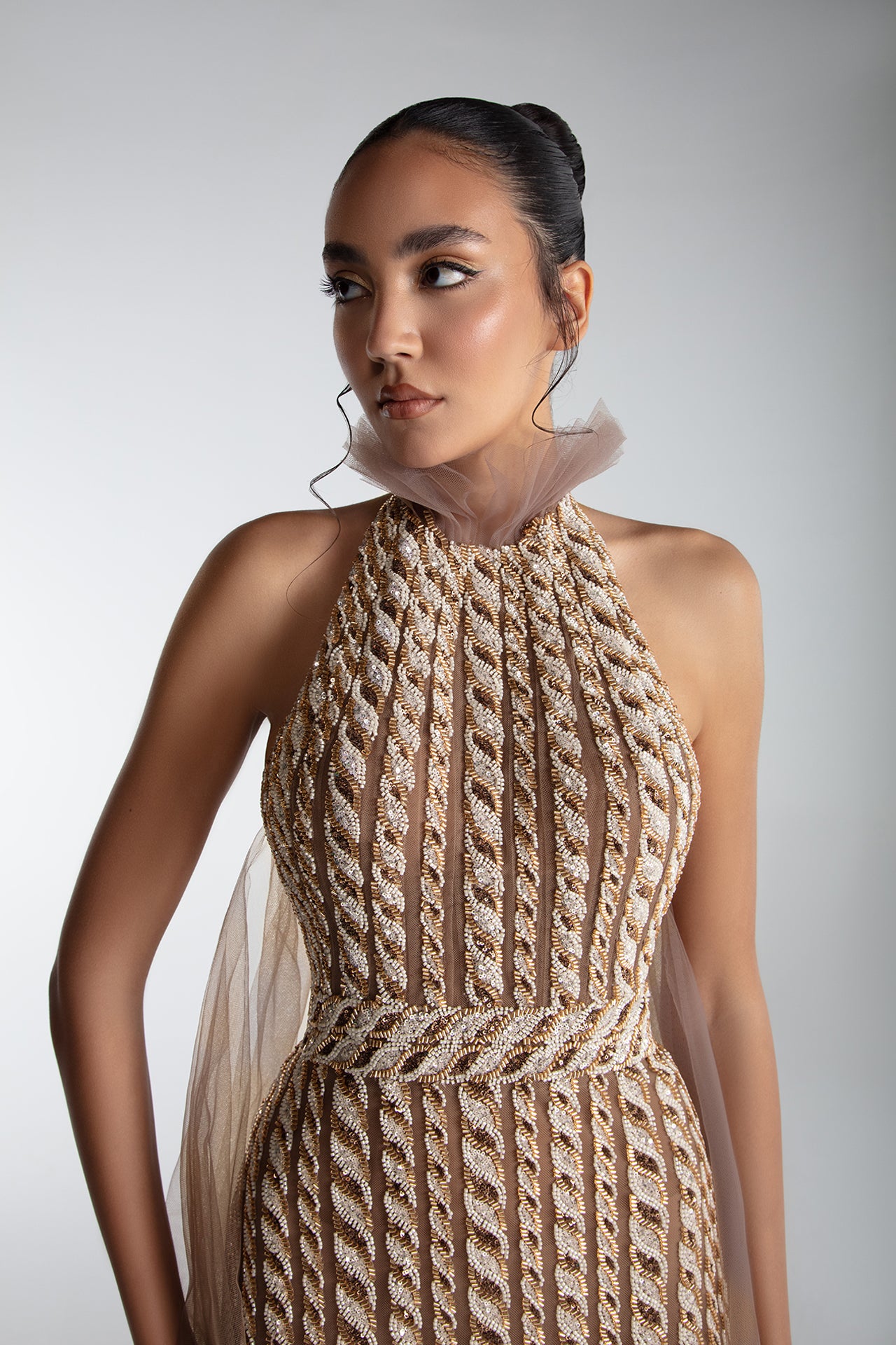 Embroidered Halter Gown With Cape And Train