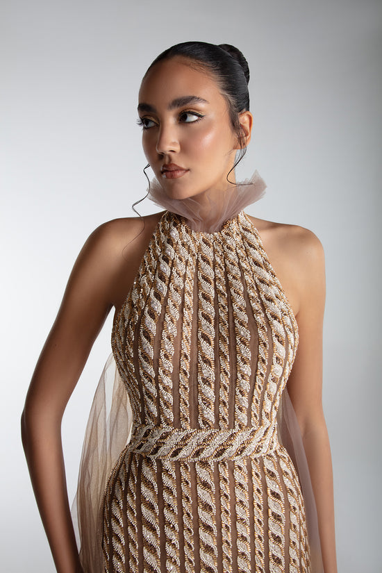 Embroidered Halter Gown With Cape And Train