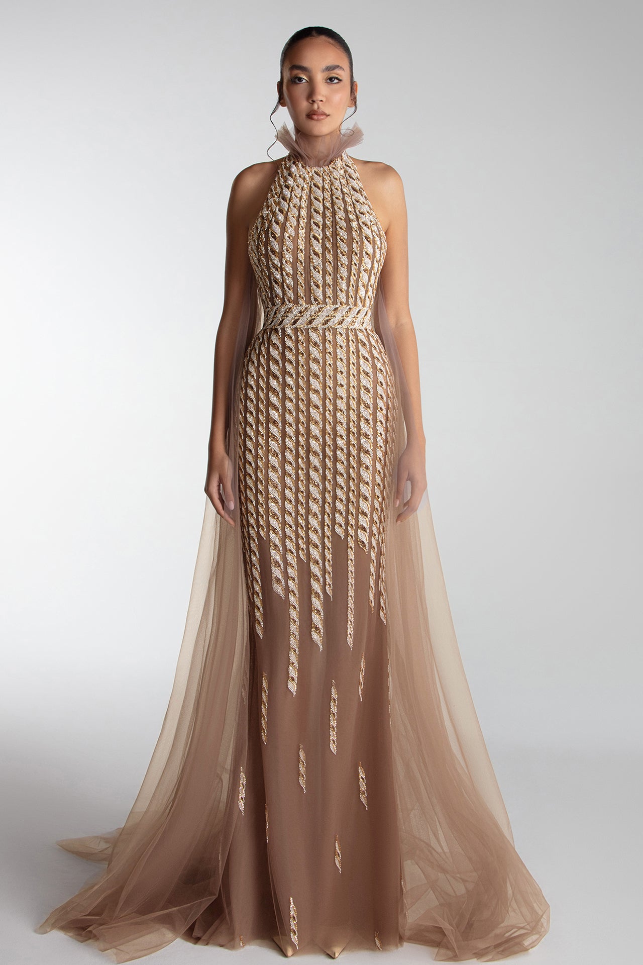 Embroidered Halter Gown With Cape And Train