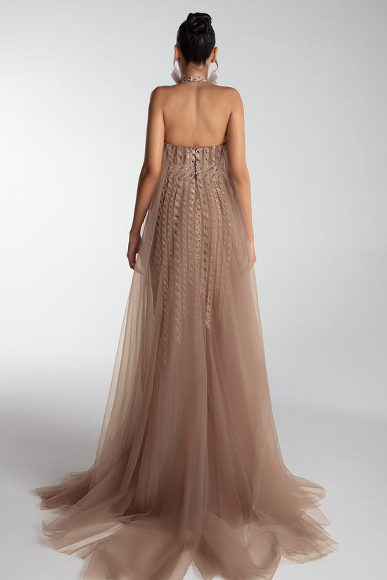 Embroidered Halter Gown With Cape And Train