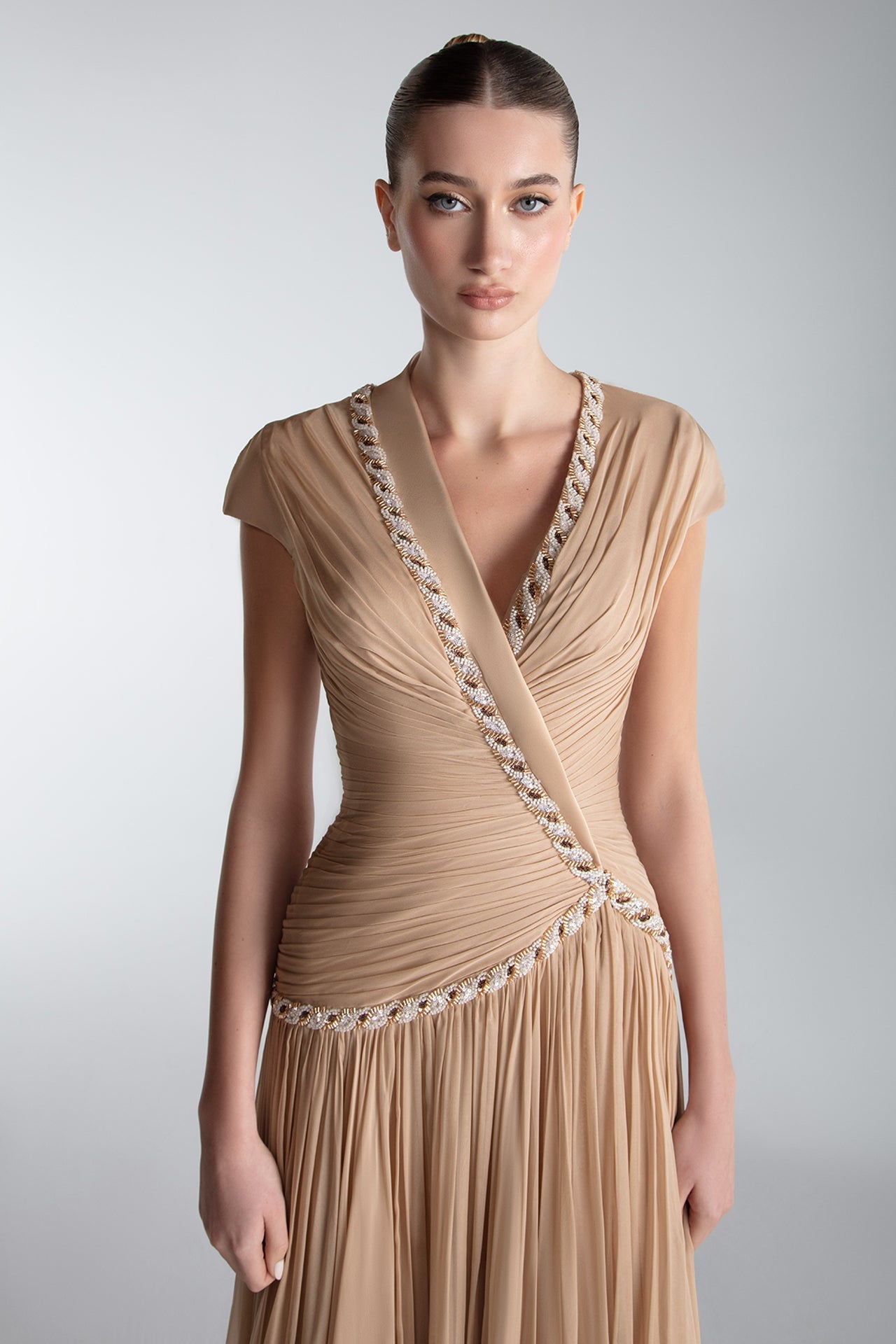 Draped Chiffon Gown With Embellished Borders