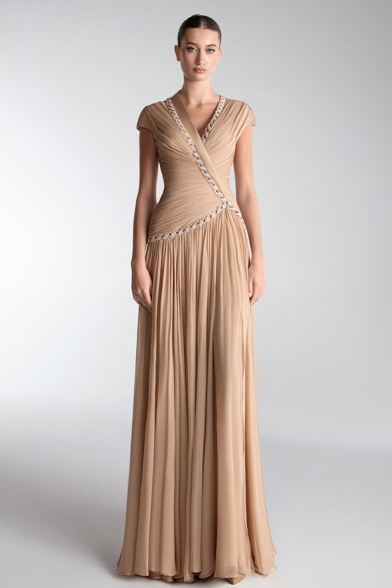 Draped Chiffon Gown With Embellished Borders