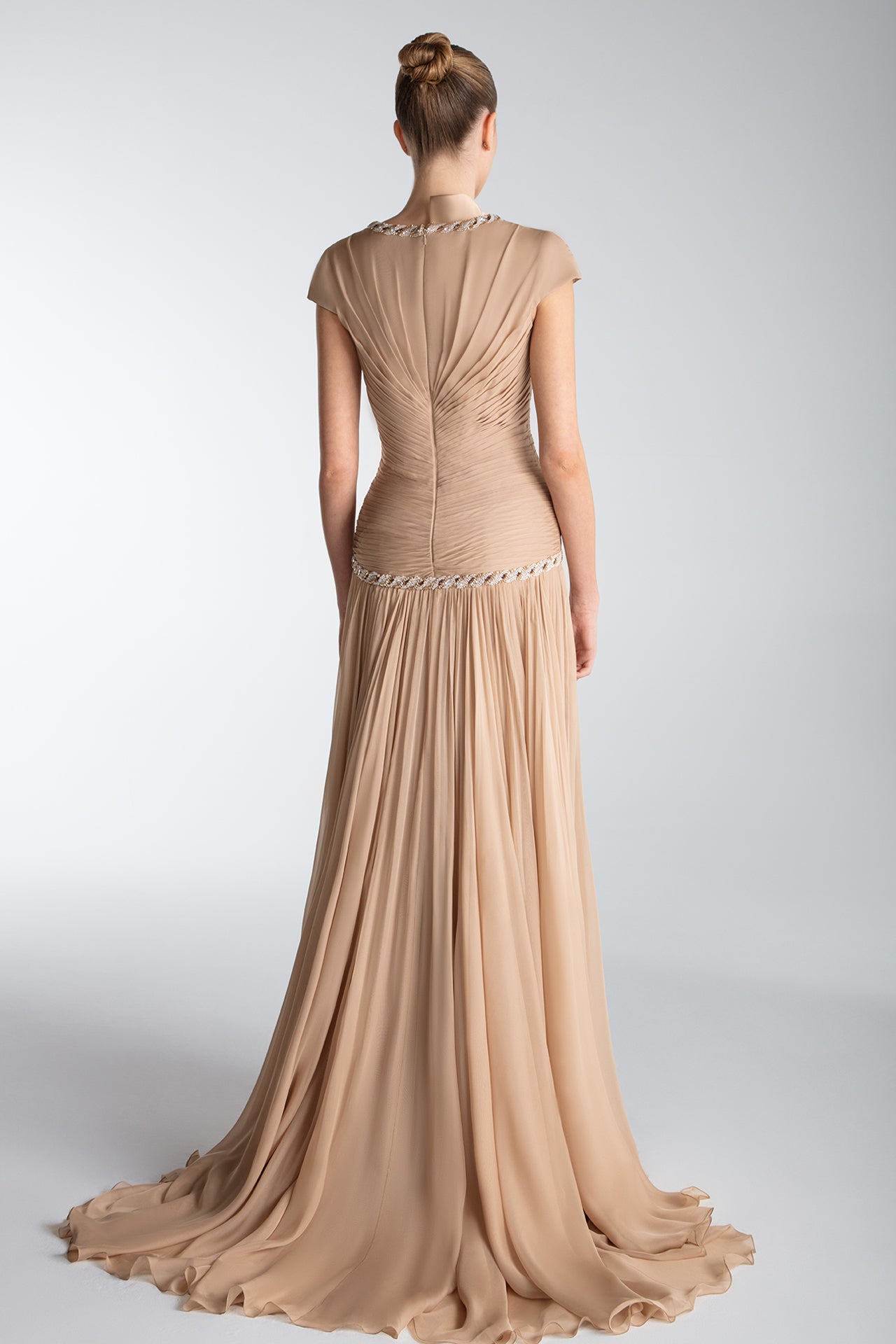 Draped Chiffon Gown With Embellished Borders