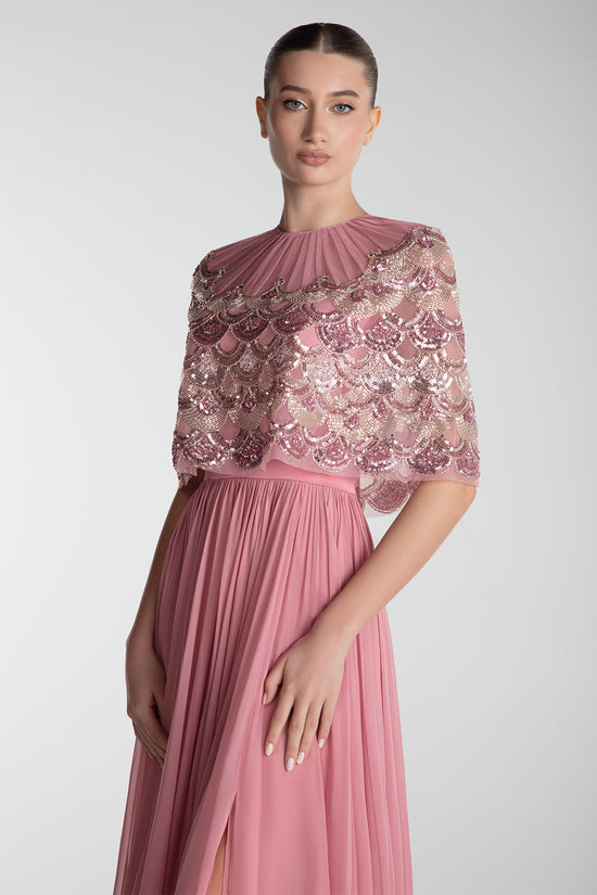 Embroidered Cape Gown With Slit