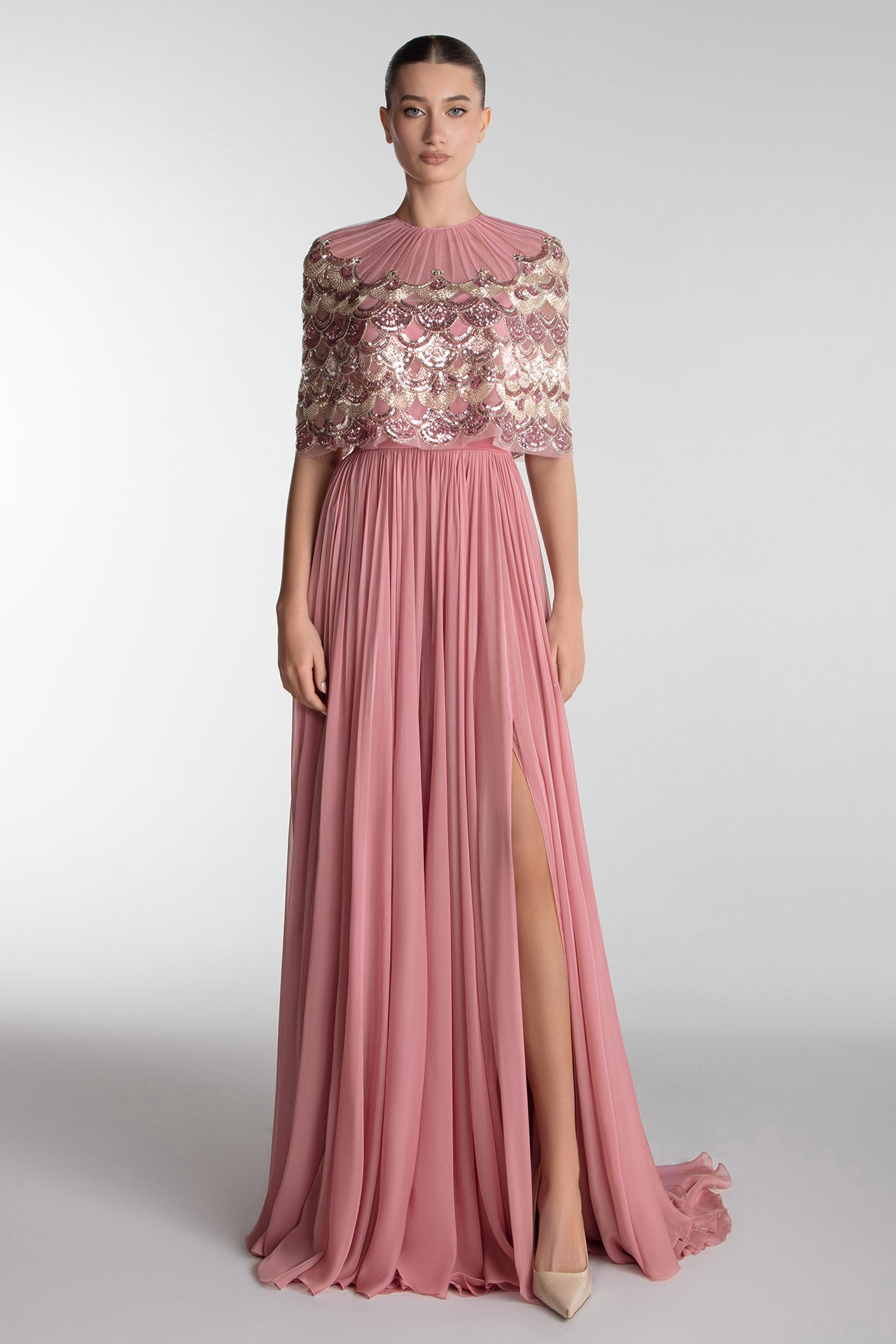 Embroidered Cape Gown With Slit