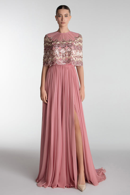 Embroidered Cape Gown With Slit