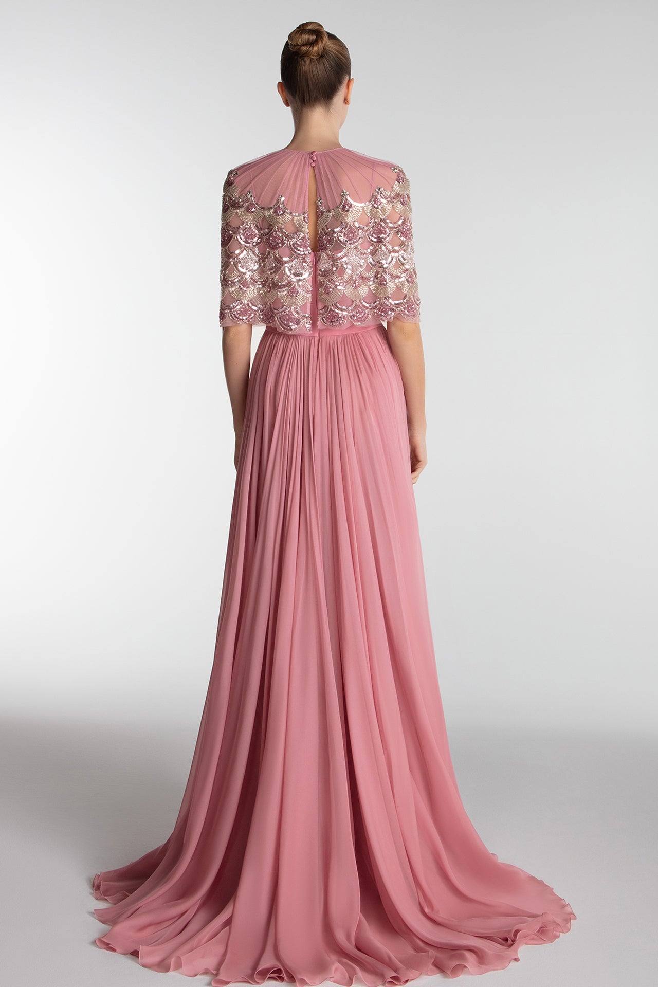 Embroidered Cape Gown With Slit