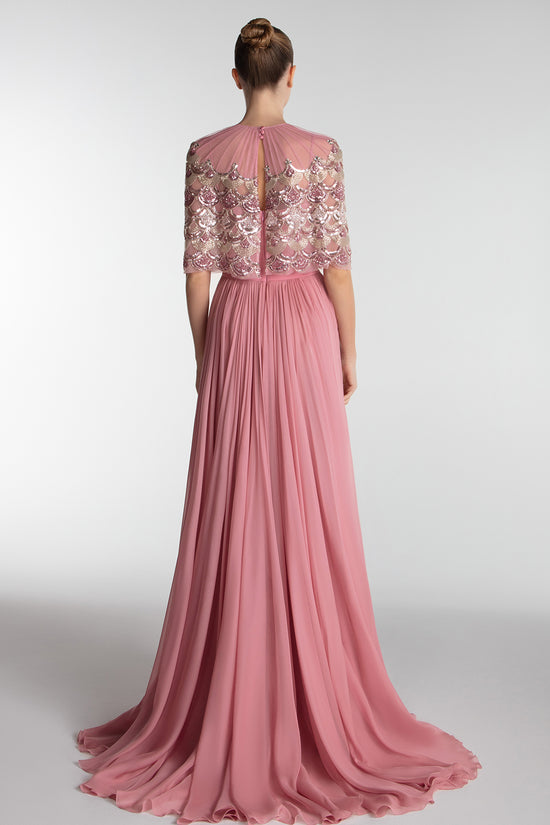 Embroidered Cape Gown With Slit
