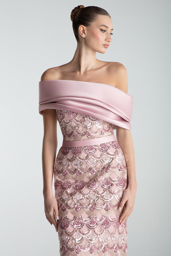 Off-Shoulder Embroidered Column Gown