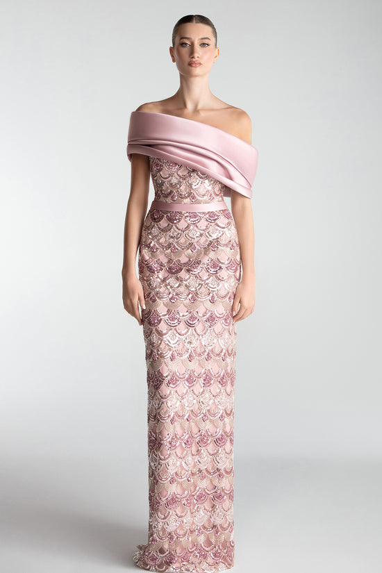 Off-Shoulder Embroidered Column Gown