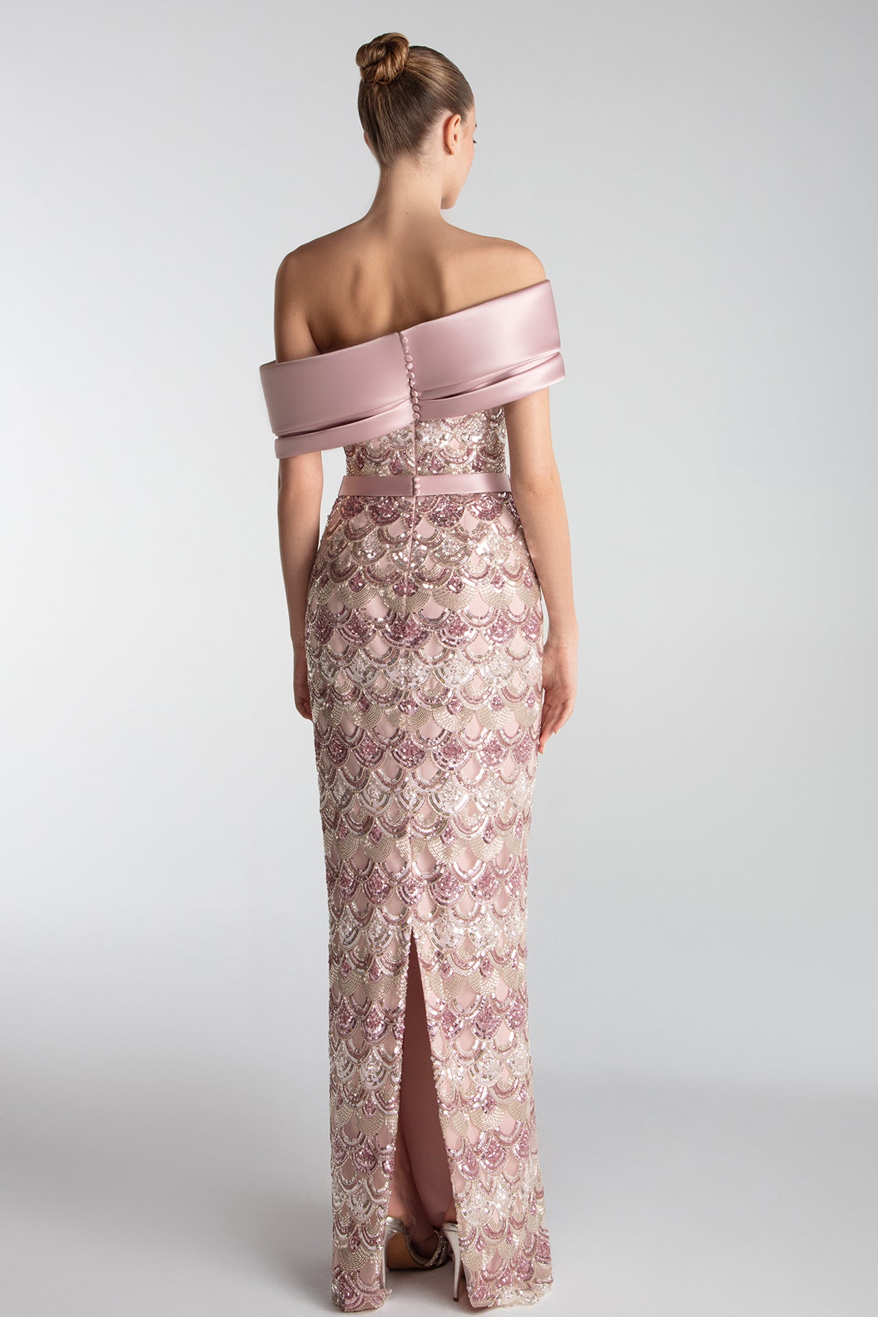 Off-Shoulder Embroidered Column Gown
