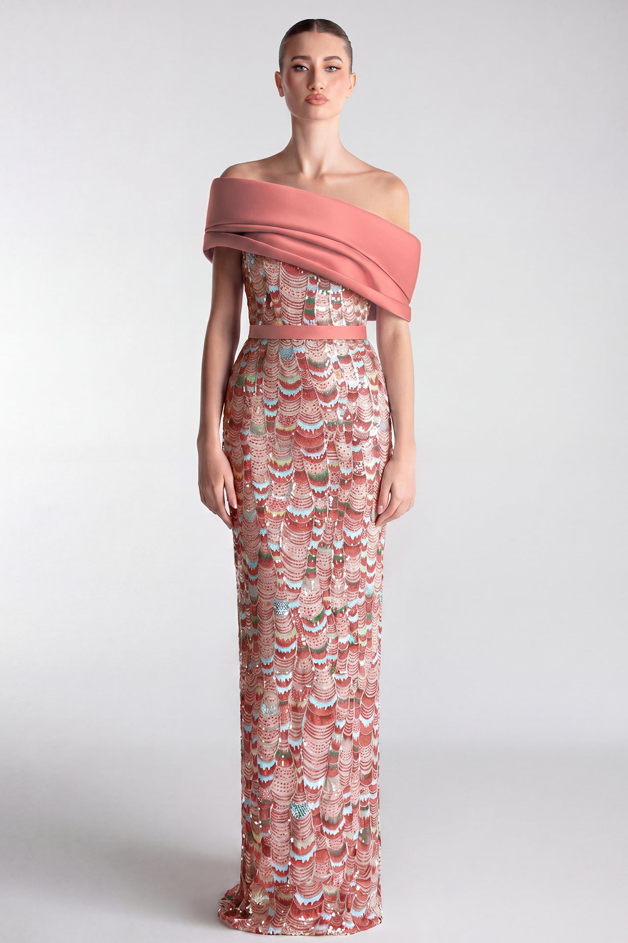 Off-Shoulder Embroidered Column Gown