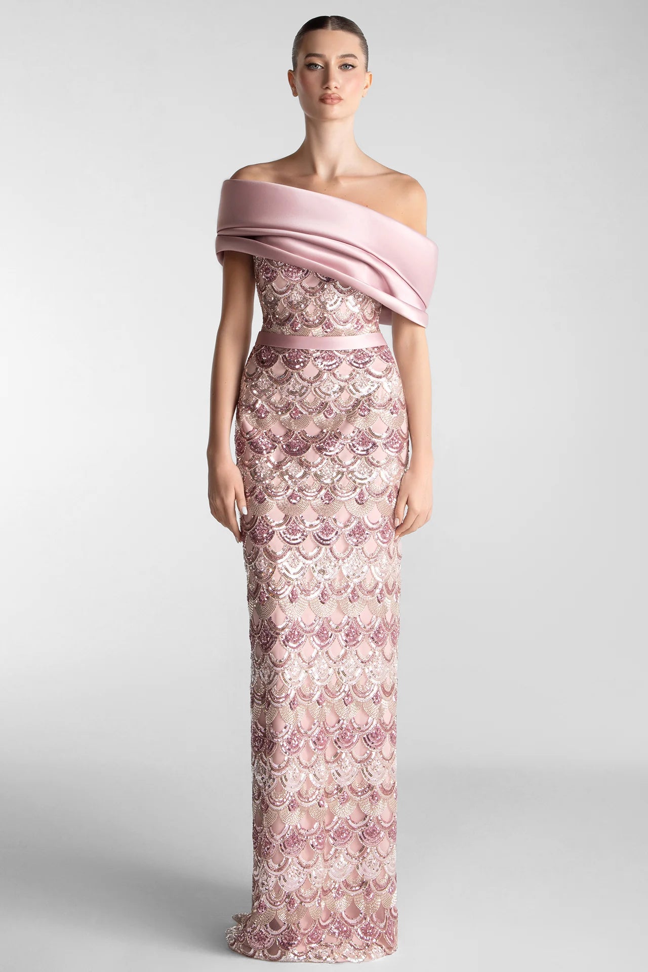 Off-Shoulder Embroidered Column Gown