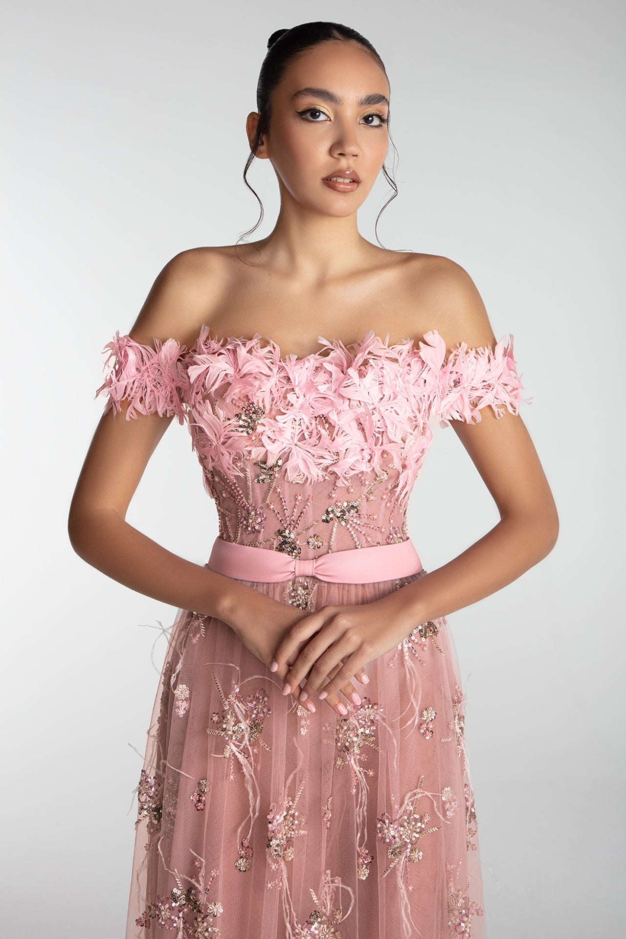 Off-Shoulder Floral Embroidered Tulle Gown