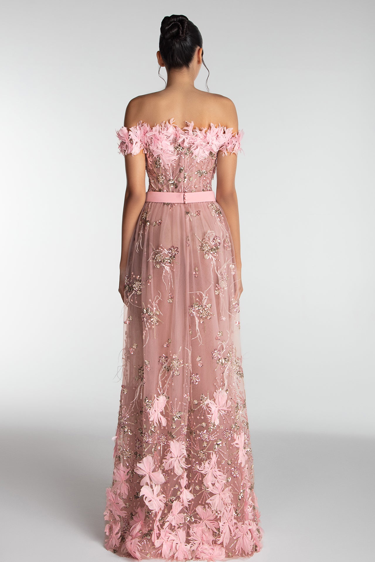 Off-Shoulder Floral Embroidered Tulle Gown