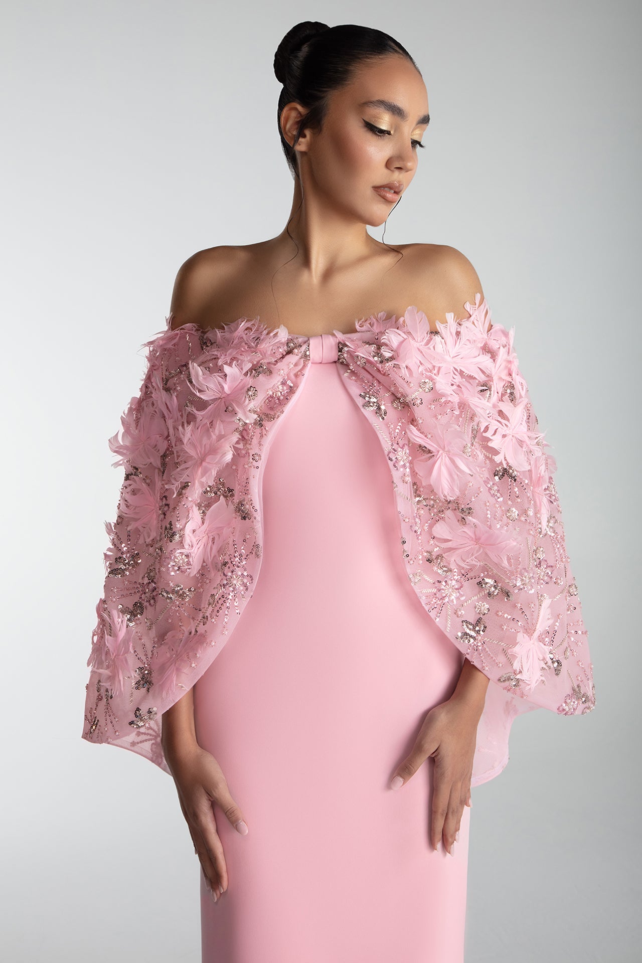 Cape-Cut Gown With Embroidered Tulle Overlay
