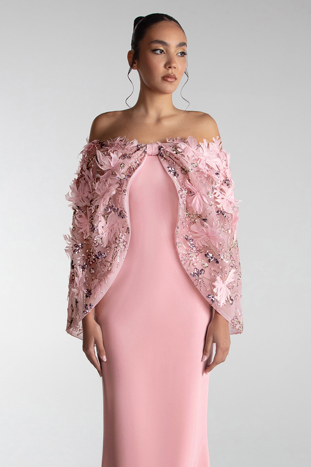 Cape-Cut Gown With Embroidered Tulle Overlay