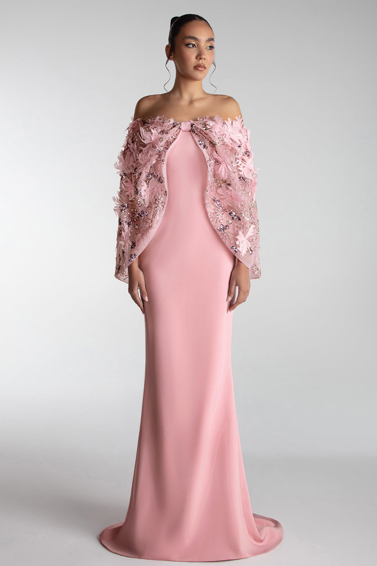 Cape-Cut Gown With Embroidered Tulle Overlay