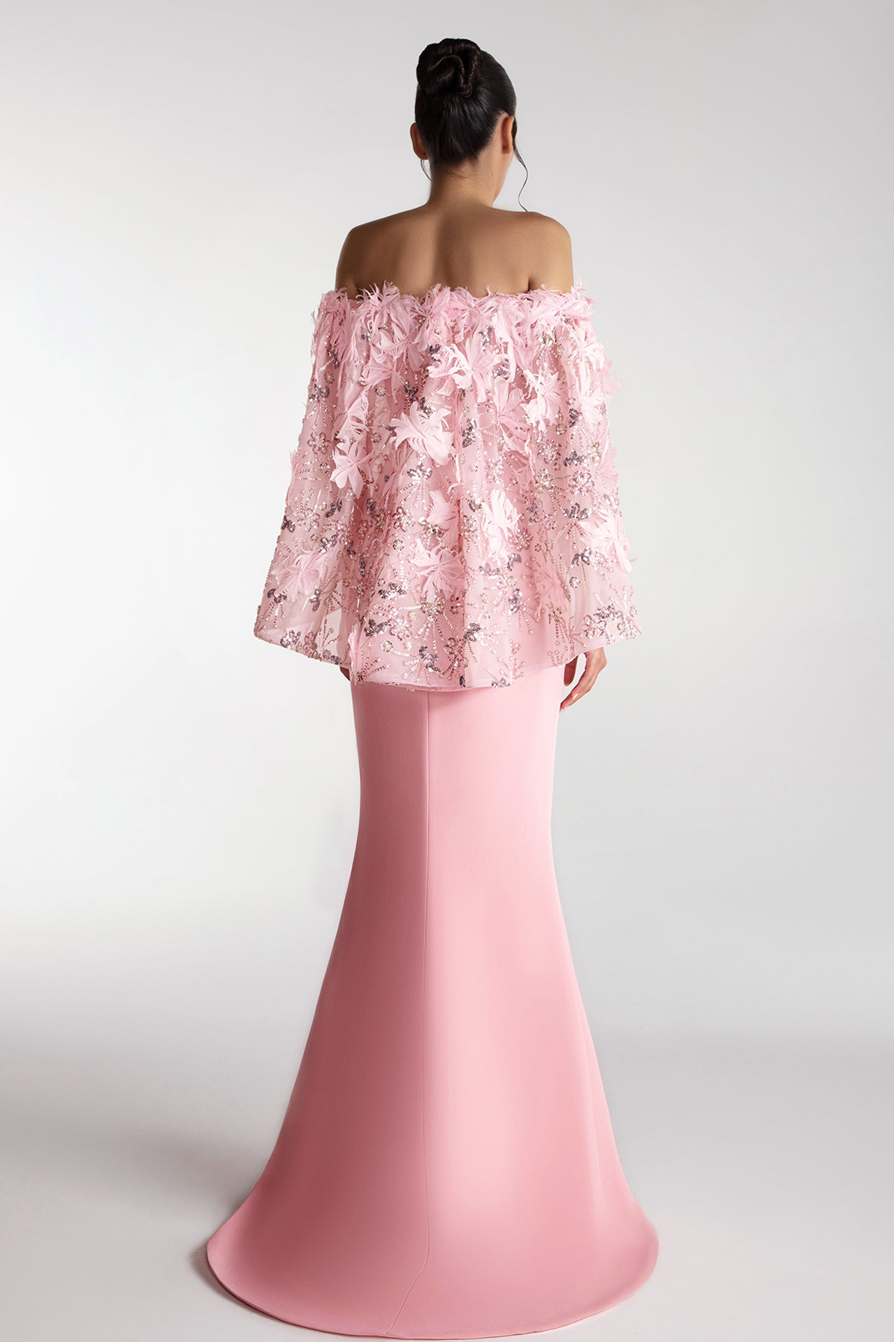 Cape-Cut Gown With Embroidered Tulle Overlay