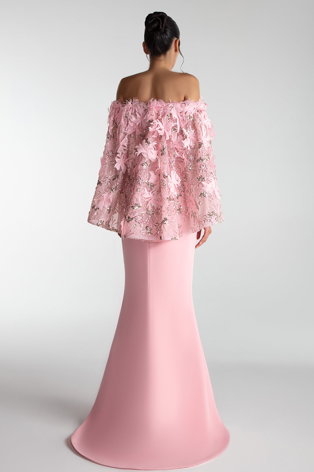 Cape-Cut Gown With Embroidered Tulle Overlay