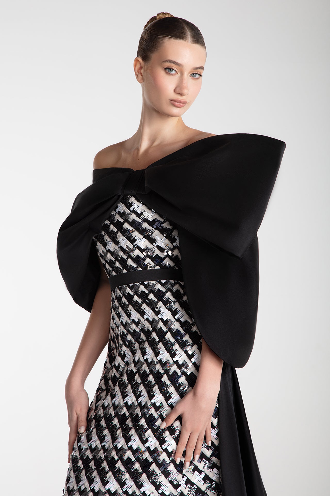 Tweed Column Gown With Oversized Taffeta Bow