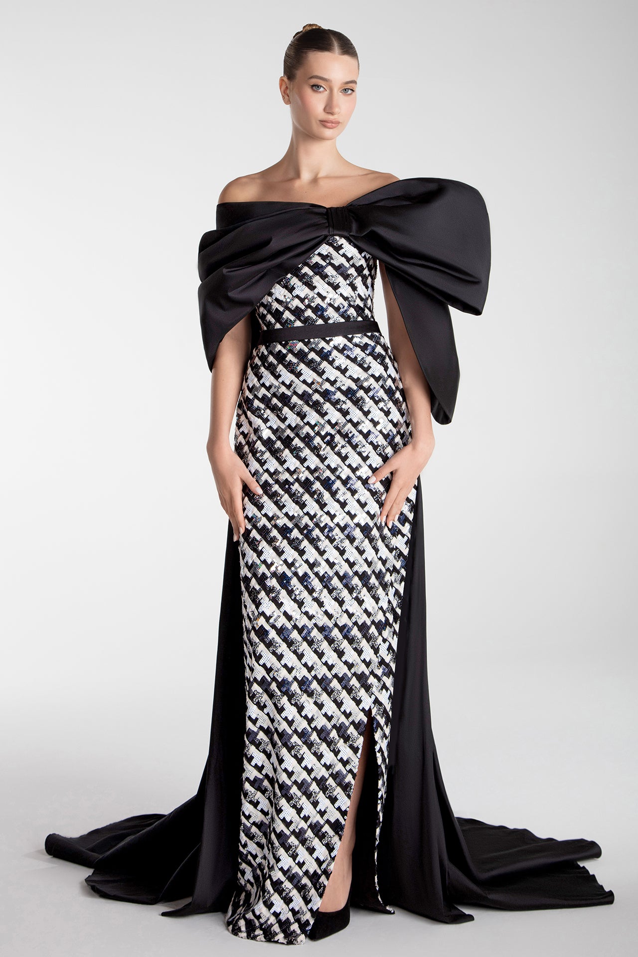 Tweed Column Gown With Oversized Taffeta Bow