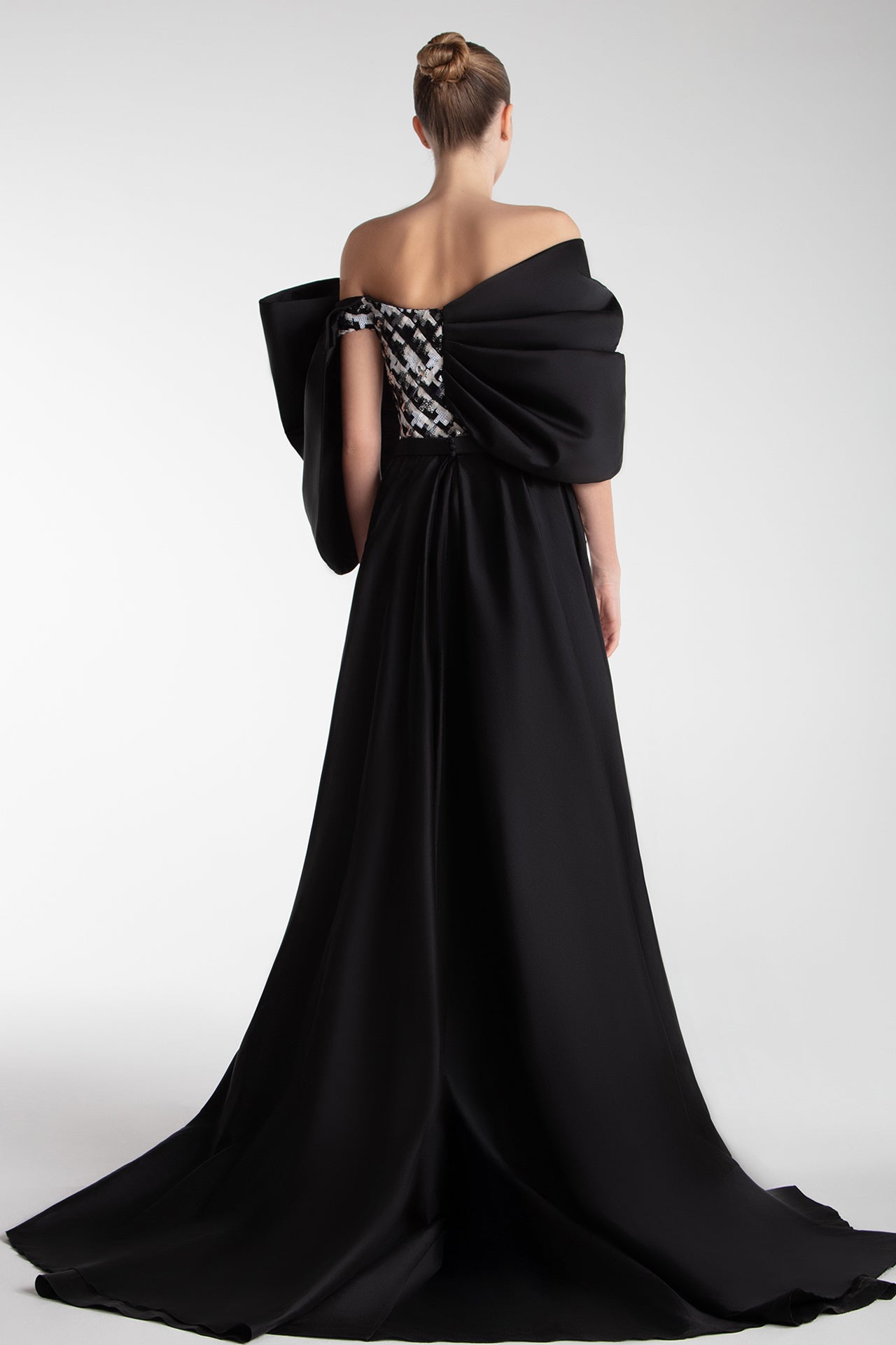 Tweed Column Gown With Oversized Taffeta Bow