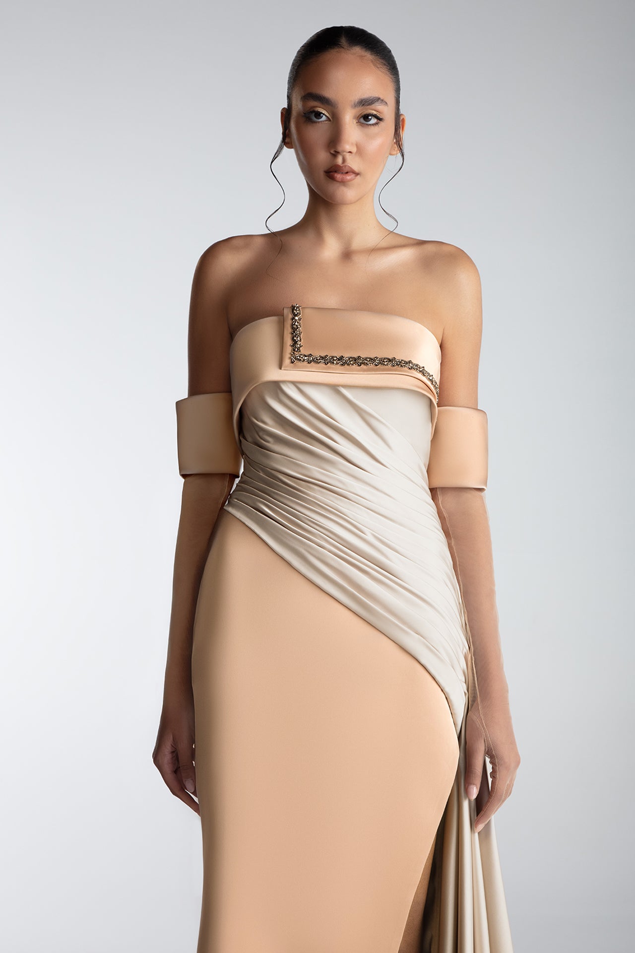 Two-Tone Draped Satin Gown With Embroidered Neckline