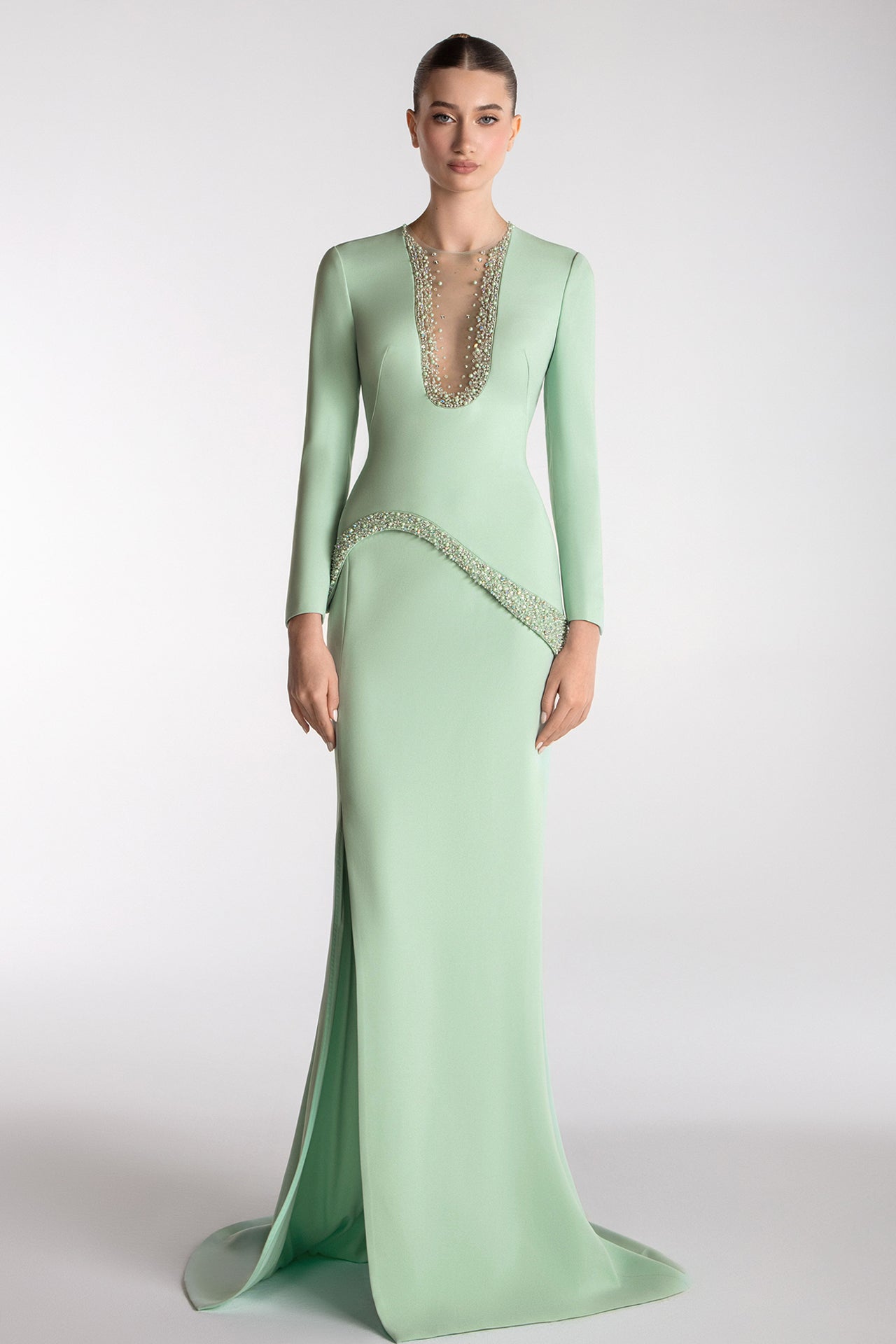 Sculpted Crepe Gown With Beaded Accents