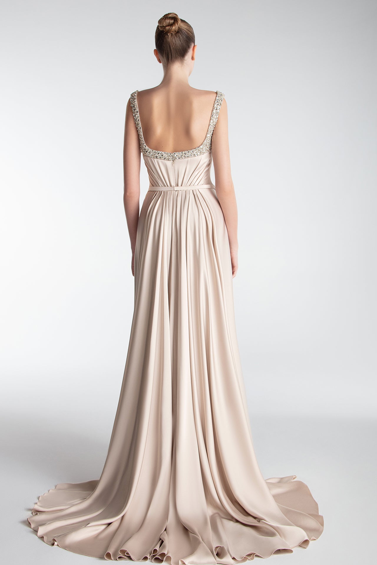 Draped Satin Gown With Crystal Trim