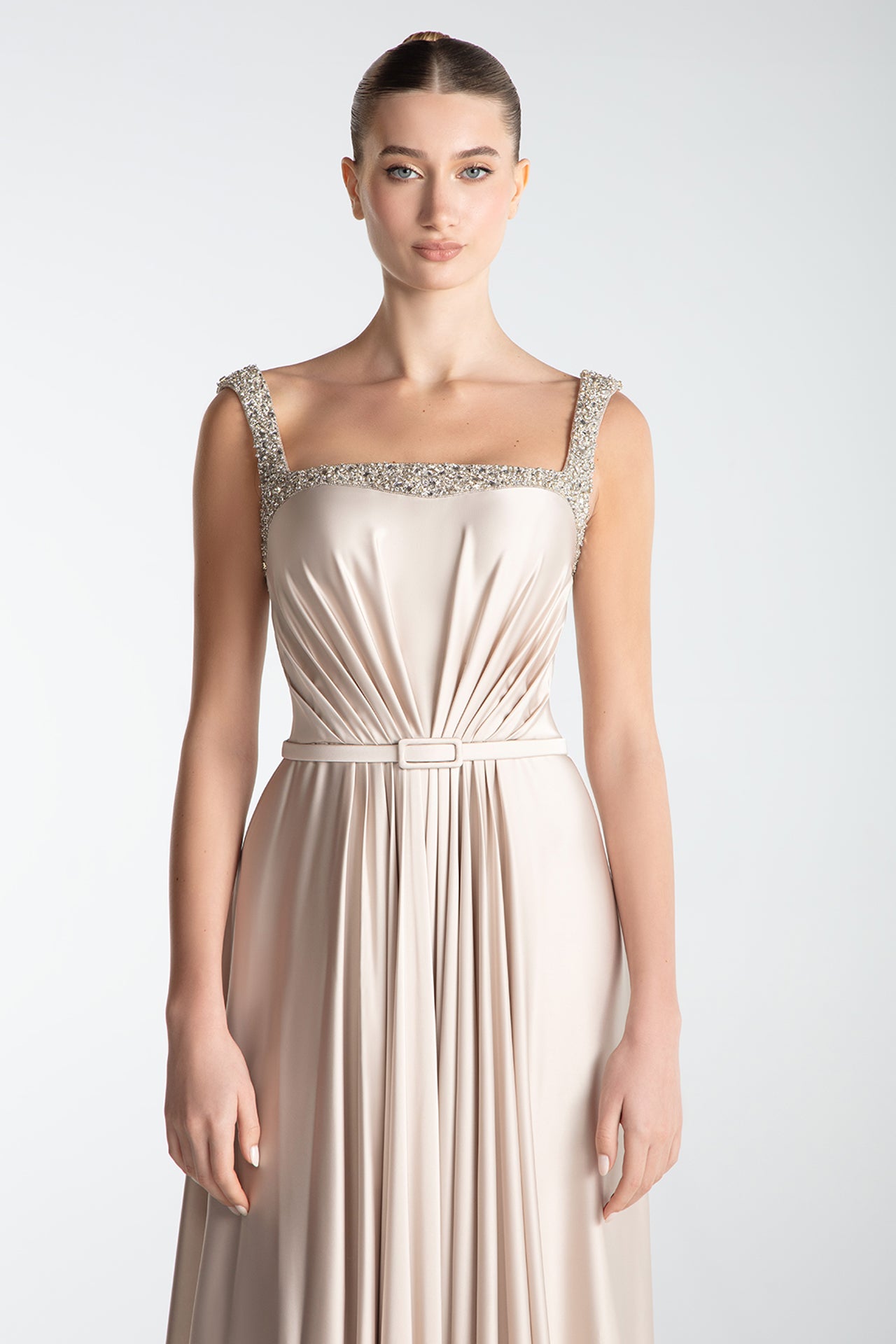 Draped Satin Gown With Crystal Trim
