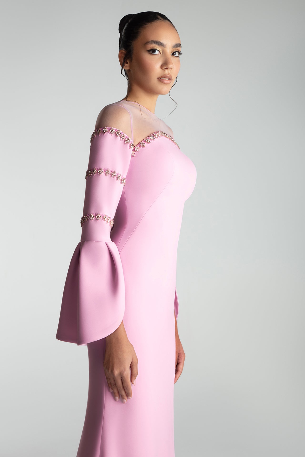 Off-Shoulder Sheer-Panel Gown