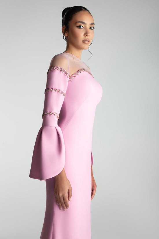 Off-Shoulder Sheer-Panel Gown