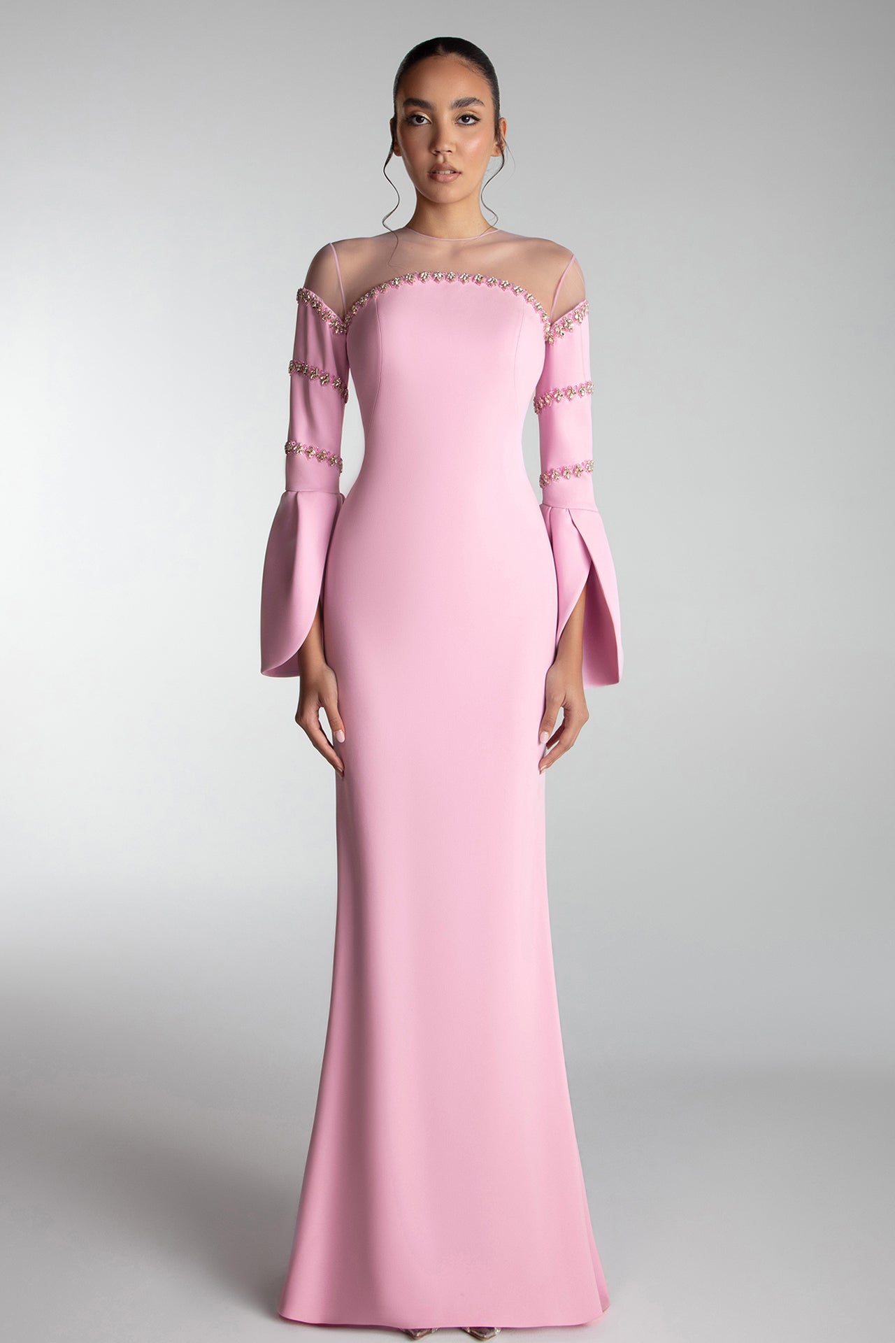 Off-Shoulder Sheer-Panel Gown