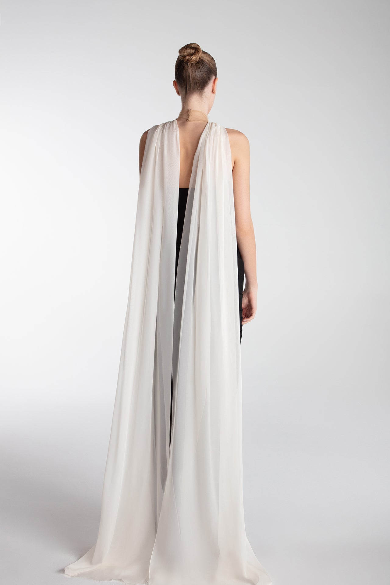 Strapless Draped Gown With Cape Scarf