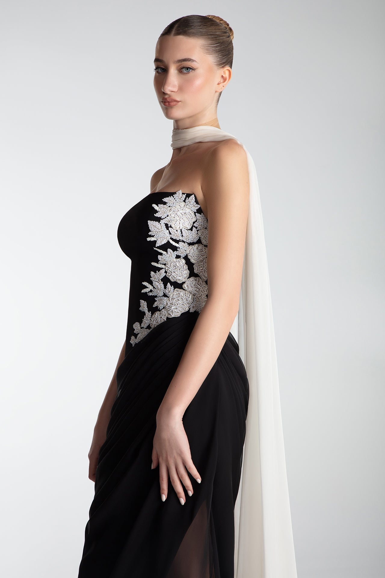 Strapless Draped Gown With Cape Scarf